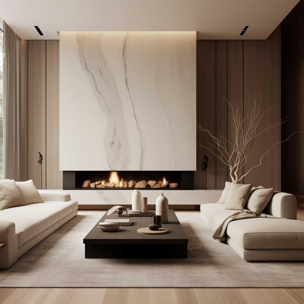 A minimalist living room with warm, neutral tones.
